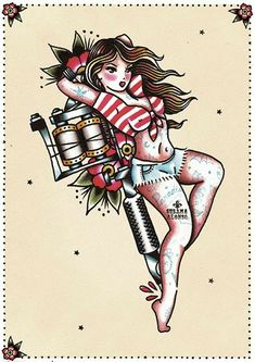 Badass Girl, Pin Up Girl Tattoo, Sailor Jerry Tattoos, Tattoo Old School, Hawaiian Tattoo, Tattoo Girls, Pin Up Tattoos, Classic Tattoo, Desenho Tattoo