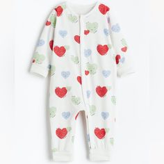 New, Never Worn. White Long Sleeve Sleepwear With Heart Print, Cute White Sets With Heart Print, Cute White Heart Print Sets, Cotton Onesie With Cartoon Print For Sleep, Cute Multicolor Sleep Onesie, Cute White Onesie For Bedtime, Playful White Onesie For Bedtime, Cute White Bedtime Onesie, White Onesie With Cartoon Print For Sleepover