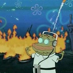 a cartoon character with headphones on in front of a fire and water background that says,