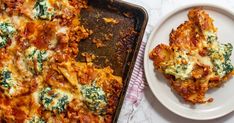 a casserole dish with spinach and cheese on it next to a white plate