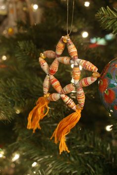 an ornament hanging from a christmas tree