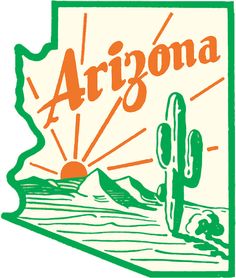 a sticker with the word arizona on it and a cactus in front of mountains