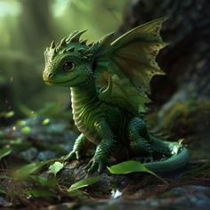 a green dragon statue sitting on top of a tree stump in the forest with leaves around it