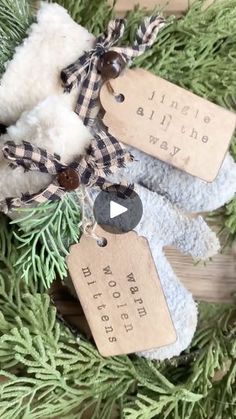 two teddy bears are hanging from a christmas tree with tags on them that say it's winter