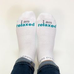 i am relaxed socks with inspirational message Blue Words, White Socks, Positive Quote, Athletic Socks, White Sock, You Smile, Keds, Arch Support, Knee High Sock