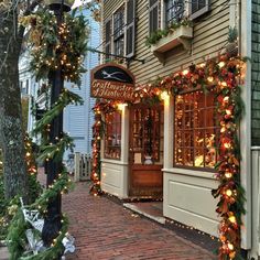 christmas lights decorate the outside of a building