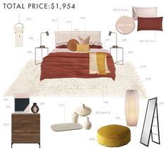 an image of a bedroom with furniture and accessories on it's price guide for the bed