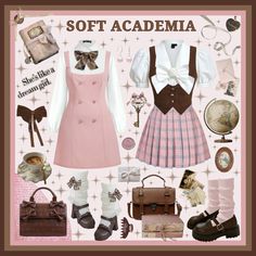 Soft Academia Moodboard #moodboard #moodboardaesthetic #aesthetic #lookbook #outfits #academia Ballet Academia Outfit, Romantic Academia Aesthetic Outfit Pink, Cute Academia Outfits, Therapist Aesthetic Outfit, Soft Academia Outfit, Pink Academia Outfits, Bright Academia Aesthetic, Pastel Academia Aesthetic, Soft Academia Aesthetic Outfits