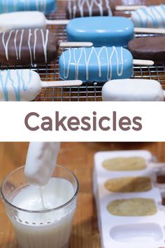 some cookies are being poured into a glass with milk in it and the words cakesicles above them