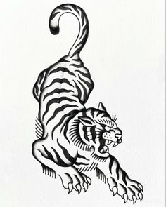 a black and white drawing of a tiger