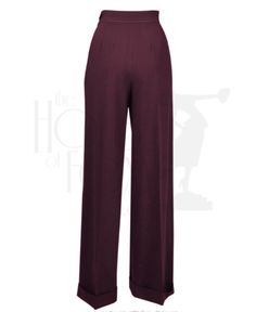 A splendid new addition to our 40s separates collection - these fabulous new trousers are an authentic rework of an original 1940s trouser pattern adapted for the modern figure and in modern fabric. Inspired by Katherine Hepburn's iconic trouser suite look Packed with features, this style has a wide leg with turn-up, a high waist band, side zip and fastens with a single shell-look button. The wide leg is approx 22 inches circumference. Deep pleat on the front runs into a strong and slimming crea Vintage High-waisted Wide Leg Pants For Work, Vintage Straight Dress Pants For Formal Occasions, Vintage Formal Dress Pants Straight Fit, Vintage Formal Straight Dress Pants, Vintage Full-length Formal Bottoms, Vintage Formal Full-length Bottoms, Vintage Tailored Bottoms For Formal Occasions, Vintage Fitted Wide Leg Full Length Pants, Fitted Vintage Wide Leg Full Length Pants