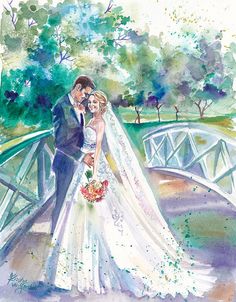 a watercolor painting of a bride and groom on a bridge