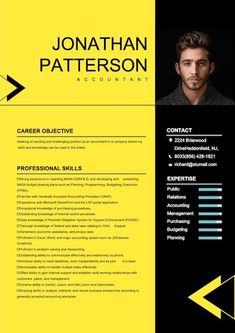 a yellow and black resume template with an image of a man's face on it