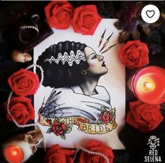 an image of a woman's face with roses around it and candles in the background