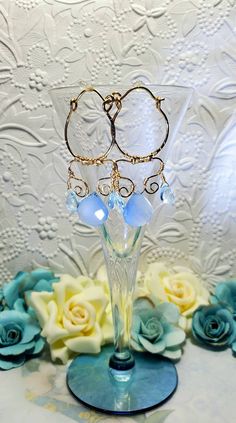 "Beautiful Exotic Chandelier Earrings, Oriental Style Earrings pair are made of Blue Chalcedony Faceted Teardrop Shaped Gemstones ,Blue Topaz Pear shaped Faceted Briolettes and 14K Gold Filled Wire. These Chandelier Earrings dangle 2 1/2 \"inches long. x 1 1/2\" inches wide. The Blue Chalcedony Faceted Teardrop Shaped Gemstones measure 14 mm wide x 15 mm long approx. Each Earring has two Blue Topaz Pear shaped Briolettes that measure approximately 10 mm long x 7 mm wide. The 14K Gold Filled Wire Gold Chandelier Earrings, May Birthstone, Gold Chandelier, Earrings Wedding, Blue Chalcedony, Style Earrings, Earrings Dangle, Wedding Earrings, Chandelier Earrings