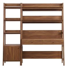 a wooden bookcase with drawers and shelves