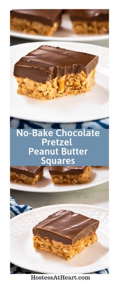 no - bake chocolate peanut butter squares on a white plate with text overlay