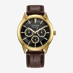 With vintage-inspired style that will never go out-of-date, this latest multi-function Rolan from Citizen takes the classic collection to the next level. The 40mm gold-tone stainless steel case is the perfect base for the watch's black dial, with three sub-dials upon a textured inner sector adding to its distinct appeal. Applied accents and a brown leather strap round out the look, with features including running and 24h time joining day and date indicators to balance the chic aesthetics with fu Modern Brown Watch With Skeleton Dial, Leather Chronograph Watch With Skeleton Dial, Classic Brown Chronograph Watch With Analog Display, Brown Watches With Rectangular Analog Display, Brown Watch With Rectangular Dial And Analog Display, Brown Watch With Rectangular Analog Display, Brown Metal Dial Business Watch, Brown Rectangular Dial Analog Watch, Brown Chronograph Watch With Skeleton Dial For Business