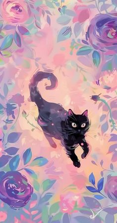 a painting of a black cat surrounded by pink and purple flowers on a pastel background