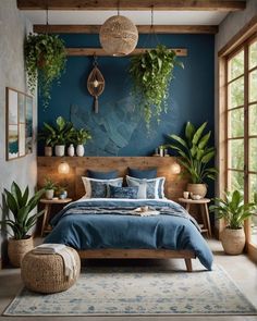 a bedroom with blue walls and plants on the wall