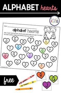 the alphabet heart worksheet is shown with markers and crayons