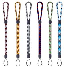 six lanyards with different colors and patterns