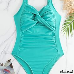 Olivia Mark - Womens Plus Size Solid Twist Front Ruched Tummy Control One Piece Swimsuit - Enhance your Beach Style Ruched Solid Swimwear For Vacation, Green Ruched Tankini For The Beach, Green Ruched Tankini For Beach, Ruched One-piece Swimwear For Vacation, Green Ruched Tankini For Pool, Plus Size Swimwear, Twist Front, Beach Style, Plus Clothing