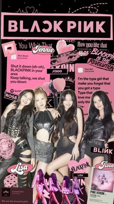 the girls are posing together in front of a poster for their album, blackpink