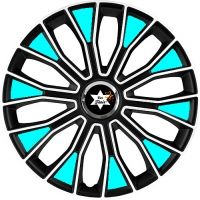 an image of a wheel cover with stars on the center and purple stripes around it