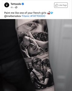 a man with a tattoo on his arm that has pictures of people and their faces