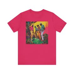 This Black Men Golfers tee shirt features a group of African American men playing a round of golf. The men are dressed in vibrant, colorful golf attire, will definitely draw attention and spark interesting conversations. Adorned with an exquisite design of black men engaged in a friendly round of golf, each figure is depicted in eye-catching, colorful attire that celebrates the spirit of camaraderie and brotherhood. This Black Men Golfers tee shirt is an ideal gift for celebrating the spirit of the game. 𝗗𝗘𝗧𝗔𝗜𝗟𝗦:👉🏾 100% ring-spun cotton👉🏾 Easy to layer, breathable👉🏾 Ribbed knit collars for better shaping👉🏾 Tapered shoulders for a better fit👉🏾 Dual side seams for longer lasting shape👉🏾 Light fabric (4.5 oz/yd)👉🏾 Eurofit👉🏾 Runs true to size👉🏾 Fabric blends: Athletic Graphic Print Tops For Golf In Summer, Black Team Spirit T-shirt For Golf, Black Golf T-shirt For Sports Season, Casual Graphic Print T-shirt For Golf, Graphic Cotton T-shirt For Golf, Green Cotton Golf T-shirt, Cheap Men's Golf T-shirt, Interesting Conversation, Golf Attire