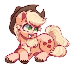 a cartoon pony with blonde hair and green eyes sitting on the ground next to an apple