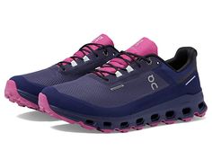 On Cloudvista Waterproof - Women's Shoes : Flint/Acai : Lightweight, agile and cushioned, the Cloudvista Waterproof is the key to unlocking outdoor adventures, in any weather. And with CloudTec, Helion super foam and Missiongrip, it's ready for hard-packed trails, forest 5ks, lakeside loops and park pathways. Take the road less traveled. Better yet, leave it behind completely. The lightweight, waterproof trail running shoe for all-weather offroading. Lightweight recycled polyester mesh with TPU overlays. Comfort-focused, Cloudultra-inspired polypropylene Speedboard with low abrasive textile on underside. Missiongrip, Helion superfoam, connected CloudTec. Upper: Recycled Polyester and TPU. Textile lining. Removable, textile insole. CloudTec speedboard promotes the natural rolling motion of The Road Less Traveled, Road Less Traveled, Trail Running Shoes, Trail Running, Heels Shoes, Running Shoe, Outdoor Adventures, Product Reviews, Outdoors Adventure