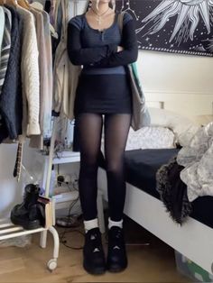 Style Tights Outfit, Grunge Sixth Form Outfits, Leggings Under Skirt Outfits, Long Sleeve Bodysuit Outfit Fall, Glam Rocker Outfit, Black Chunky Boots Outfit Summer, 6th Form Outfits Summer, Cargo Skirt With Tights, How To Style Short Black Dress