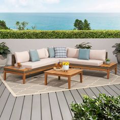 a couch and coffee table on a deck overlooking the ocean with greenery in pots