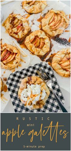 apple pies with whipped cream on top and the title overlay reads, rustic mini apple cakes