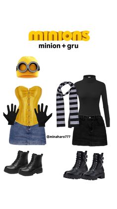 the minion and gru costume is shown in black, white, and yellow