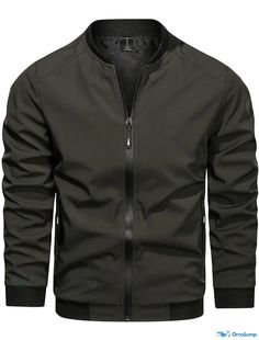 OrcaJump - Mens Waterproof Bomber Jacket with Stand-up Collar, Quilted Solid Color in Army Green, Gray, or Black / Long Black Track Jacket With Stand Collar For Outdoor, Outdoor Windbreaker With Zipper Closure And Stand Collar, Black Windbreaker With Stand Collar For Outdoor, Outdoor Windbreaker With Stand Collar, Outdoor Stand Collar Windbreaker, Outdoor Solid Color Stand Collar Windbreaker, Waterproof Fabric, Stand Collar, Army Green