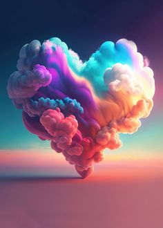 a heart shaped cloud floating on top of a blue and pink sky with clouds in the shape of a rainbow