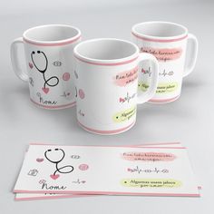 three coffee mugs with medical themed designs on them