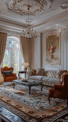 a living room with couches, chairs and chandelier