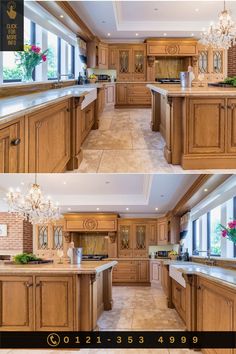 two pictures of a kitchen with wooden cabinets and marble counter tops, one has a chandelier hanging from the ceiling