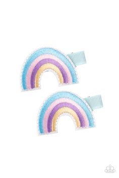 Red, yellow, blue, and purple threaded rows arc into a magical pair of rainbows. Each rainbow features a standard duck bill hair clip on the back. Blue Hair Accessories, Duck Bill, Accessories Blue, Jewelry Watch, Blue Pink Purple, Blue Rainbow, Paparazzi Accessories, White Rhinestone, Rainbow Hair