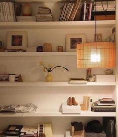 shelves with books, magazines and other items on them are lit by a light fixture