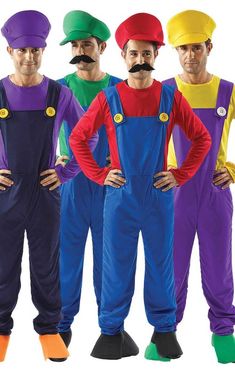 five men wearing different colored costumes and mustaches