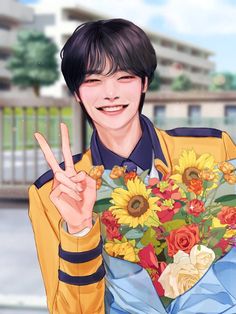 a young man holding a bouquet of flowers and making the peace sign with his hand