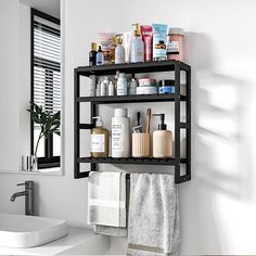 a bathroom shelf filled with personal care items