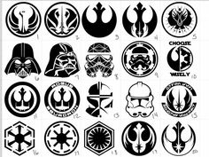 star wars emblems are shown in black and white, as well as the symbol for each