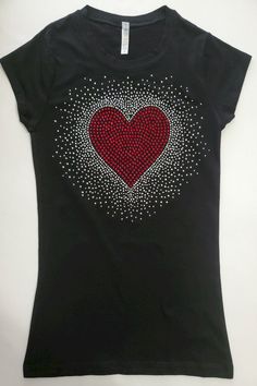 Valentine's Red Heart on Over Strewed Rhinestone Crew Neck Short Sleeve Shirt Junior Sizes Size Chest Waist S (3-5) 34 27 M (7-9) 36 27.5 L (10-11) 38 28 XL (11-12) 40 29 1XL (13-15) 42 30 2XL (15-17) 44 32 3XL(18-20) 46 34 Shirt Runs small. Recommend one size up. Material : 95% Cotton and 5% Spandex. Ne 30/1 Combed Cotton Ring Spun Yarn Jersey Shirt. Machine Wash and Tumble Dry. Crystal Rhinestone Heart Necklace For Valentine's Day, Valentine's Day Heart-shaped Rhinestone Necklace For Party, Rinestone Heart Shirt, Cotton T-shirt With Rhinestones And Short Sleeves, Cotton T-shirt With Rhinestones Short Sleeve, Rhinestone Shirts, Silver Angel Wings, Skull Hand, Pink Stars