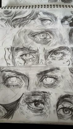 three drawings of different eyes with one being drawn in pencil and the other drawing on paper